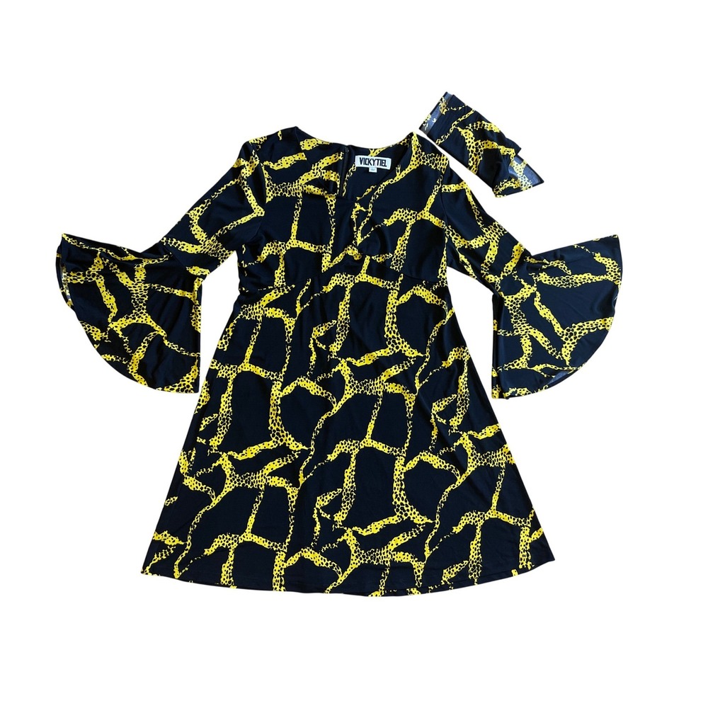 Vicky‎ Tiel Yellow Black Giraffe Print Bell Sleeve Mini Dress Large Tie Animal